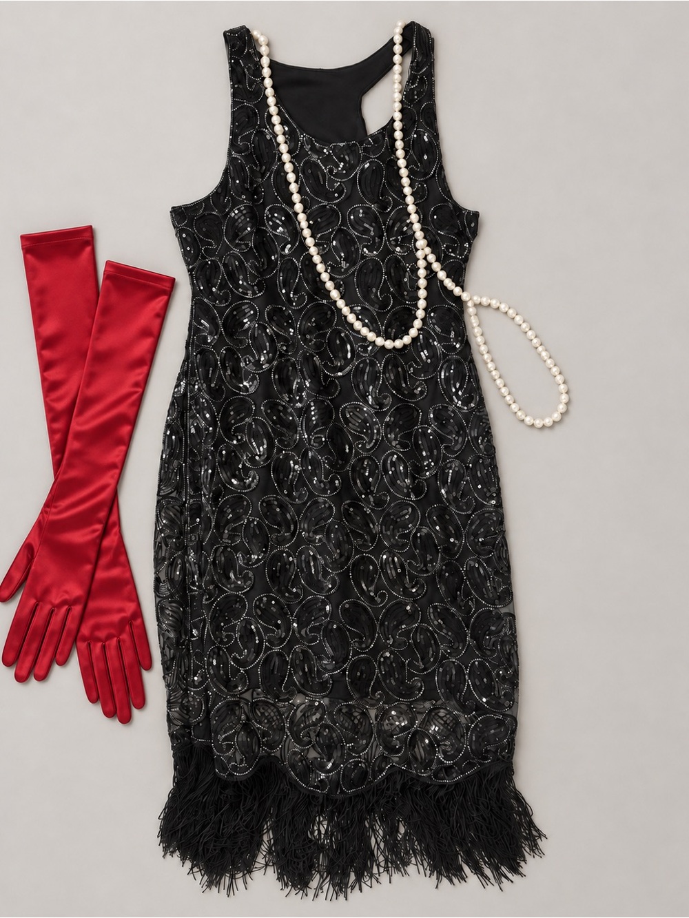 Black Silver Sequin 1920s Flapper Dress Gatsby costume gloves/ pearls Halloween